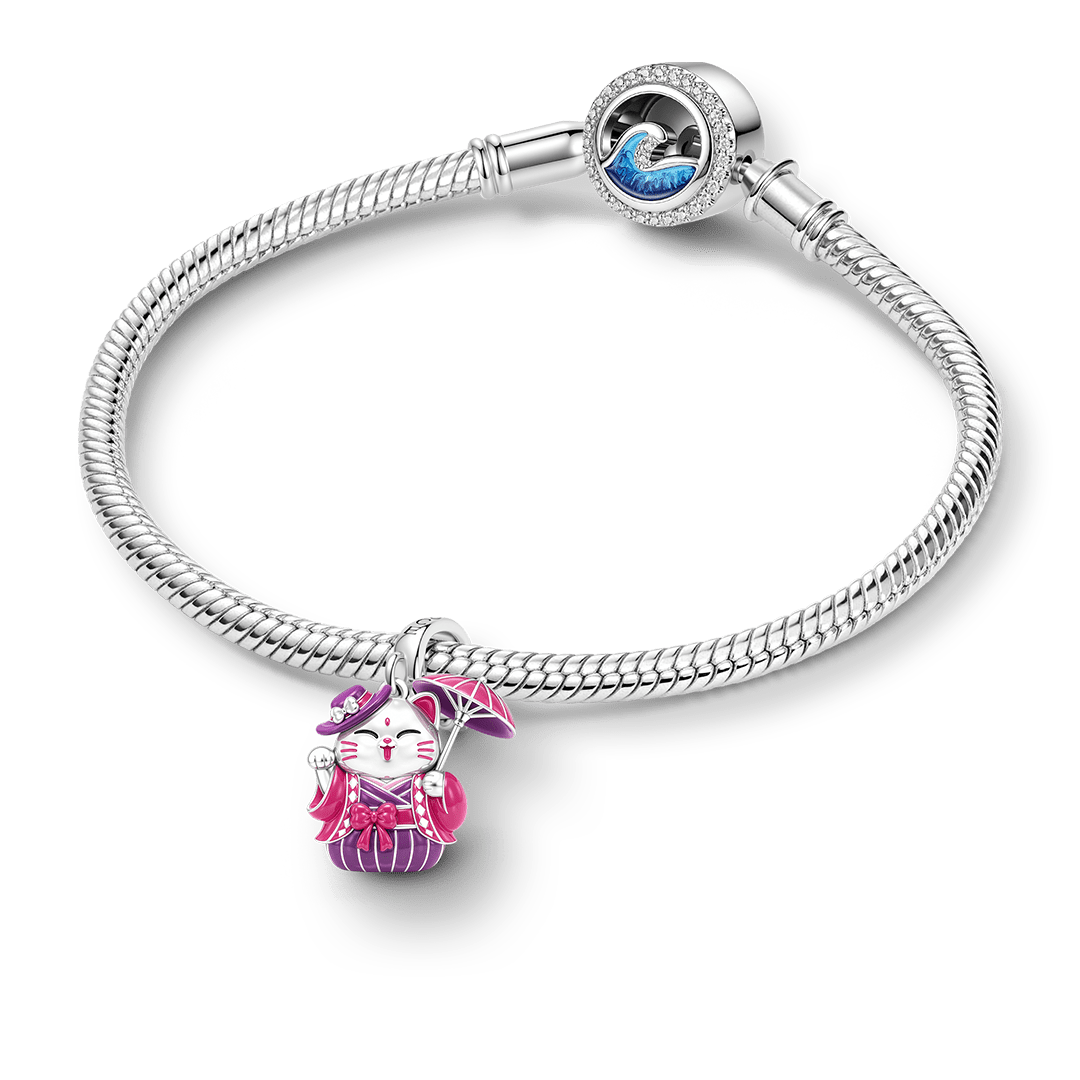 Gnoce Japanese Glow‑in‑the‑Dark Purple Lucky Cat Clasp Dangle Charm Platinum‑plated Silver Blend_4