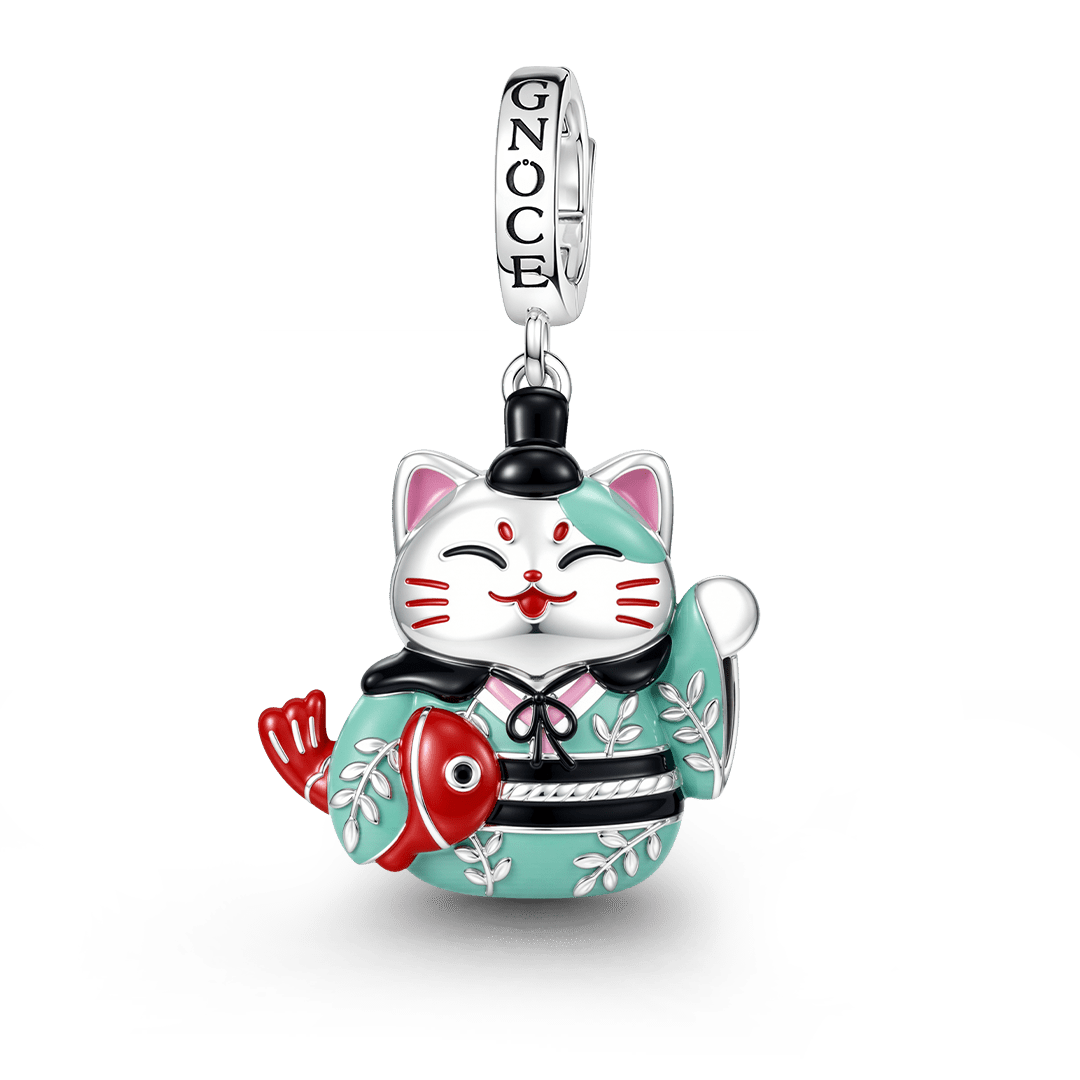 Gnoce Japanese Glow‑in‑the‑Dark Lucky Cat Clasp Dangle Charm Platinum‑plated Silver Blend_2