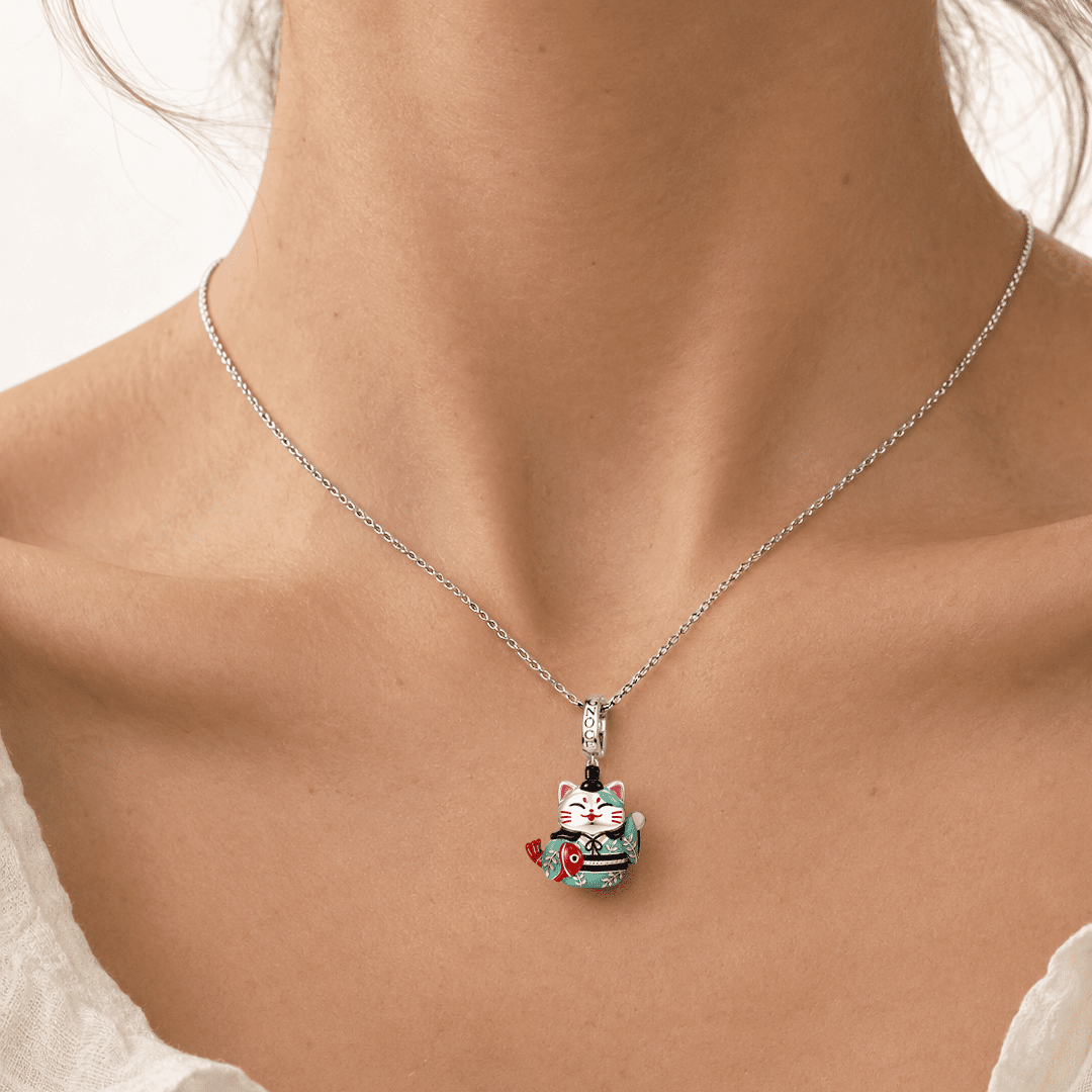 Gnoce Japanese Glow‑in‑the‑Dark Lucky Cat Clasp Dangle Charm Platinum‑plated Silver Blend_3