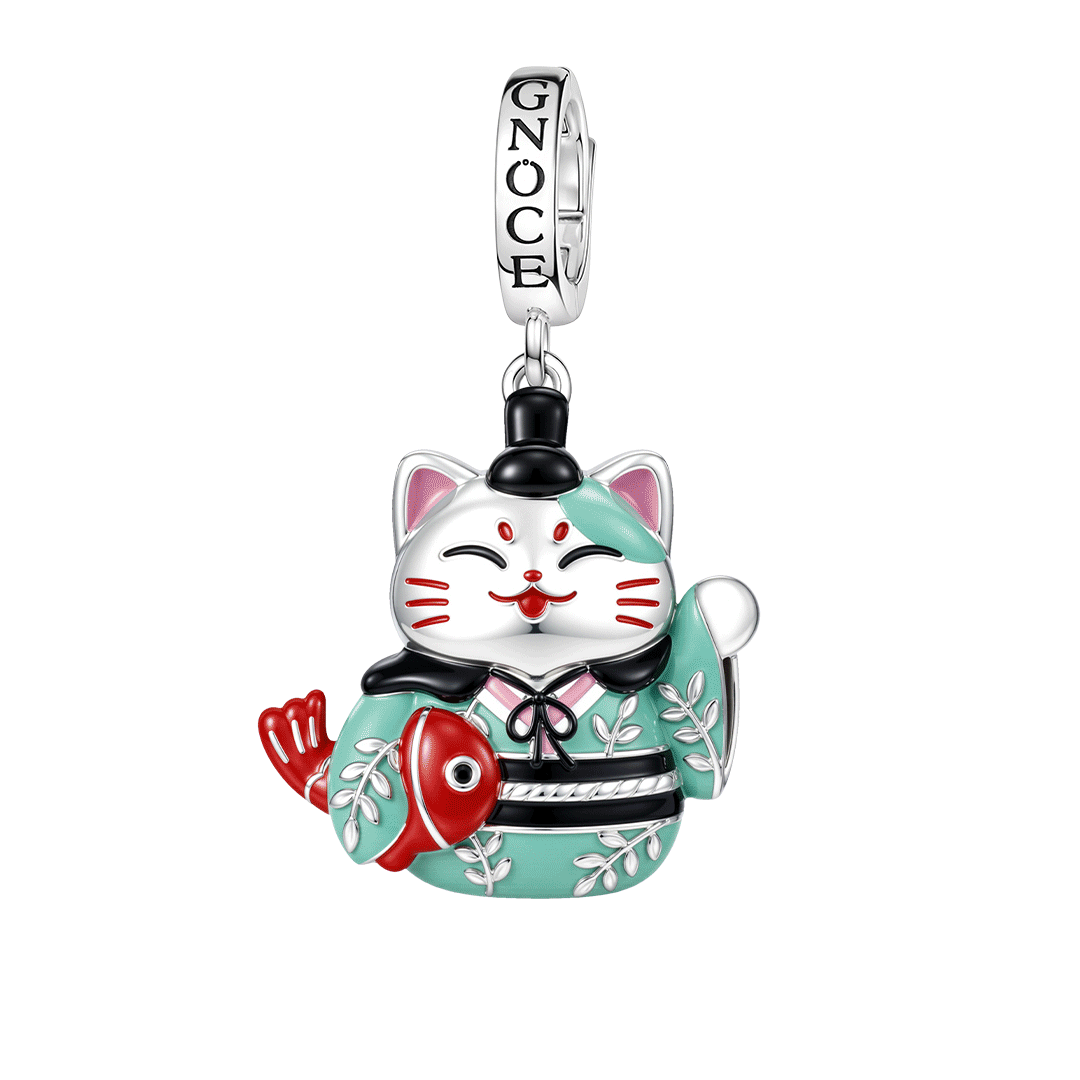 Gnoce Japanese Glow‑in‑the‑Dark Lucky Cat Clasp Dangle Charm Platinum‑plated Silver Blend_1