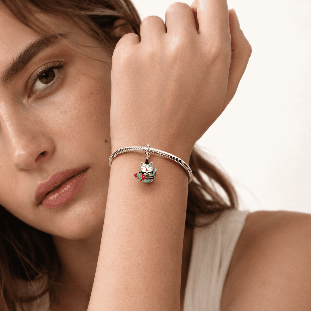 Gnoce Japanese Glow‑in‑the‑Dark Lucky Cat Clasp Dangle Charm Platinum‑plated Silver Blend_5