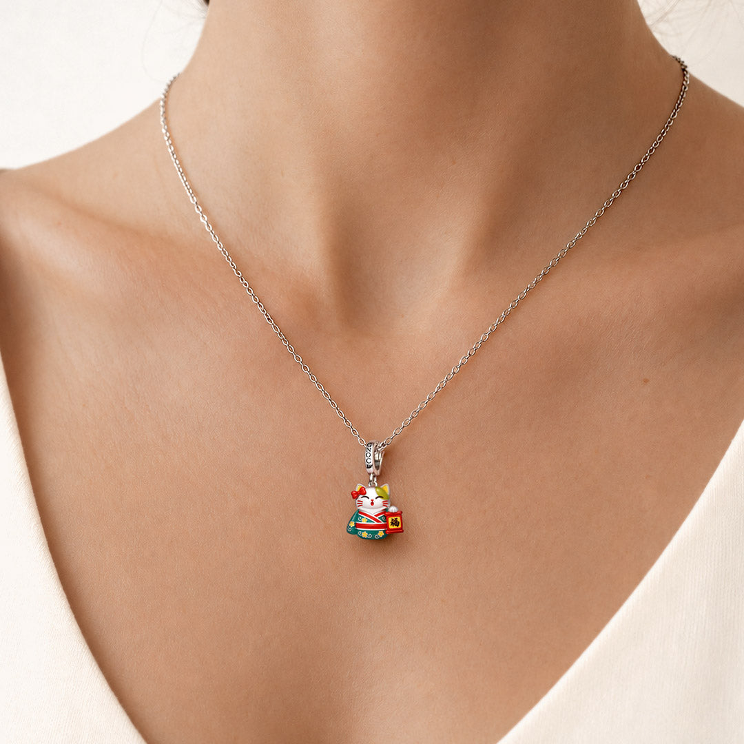 Gnoce Glow‑in‑the‑Dark Japanese Lucky Cat Clasp Dangle Charm Platinum‑plated Silver Blend_3