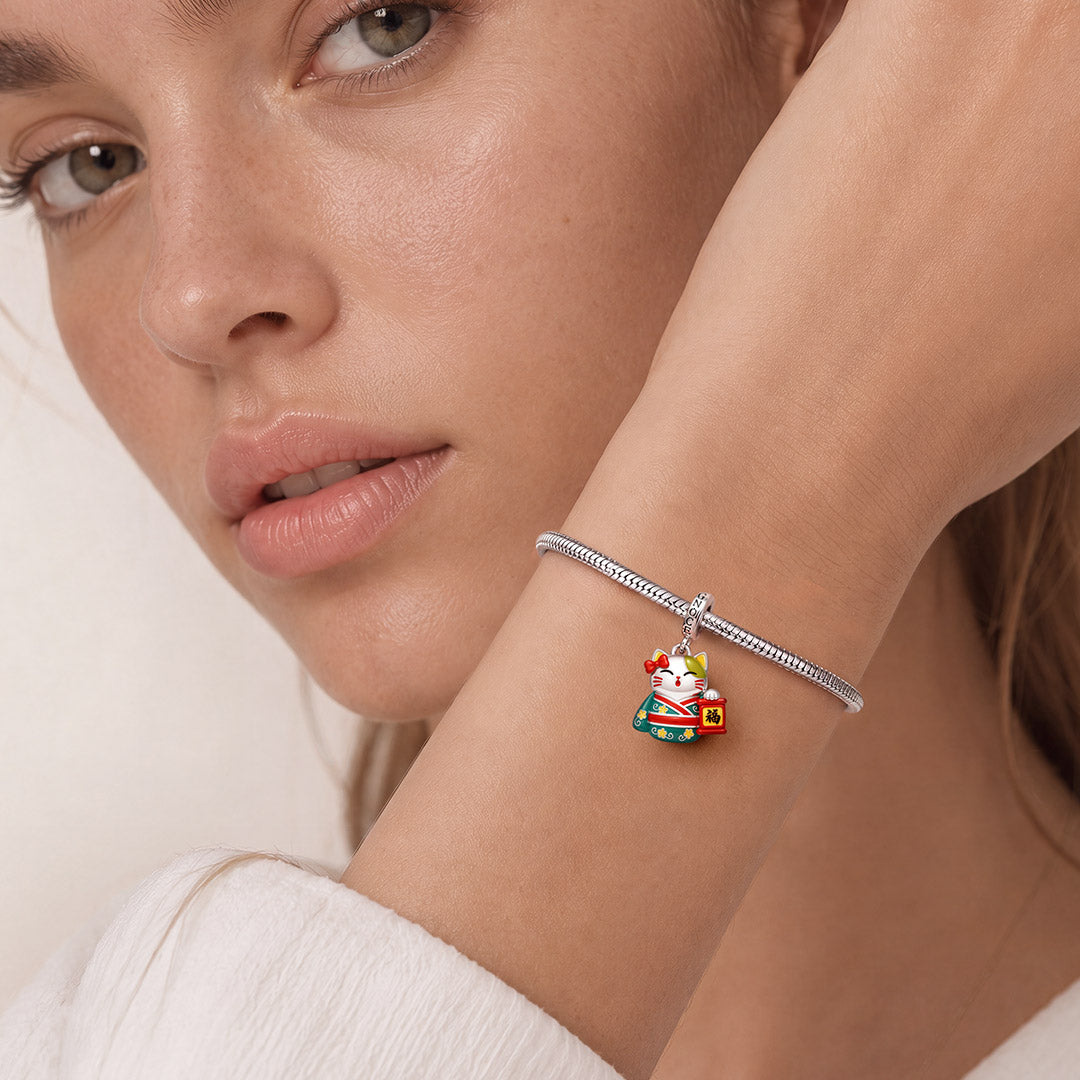Gnoce Glow‑in‑the‑Dark Japanese Lucky Cat Clasp Dangle Charm Platinum‑plated Silver Blend_5