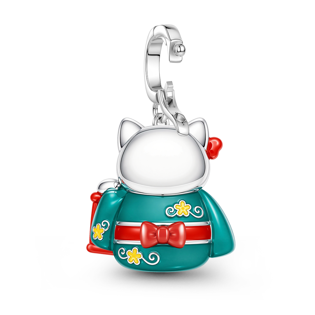 Gnoce Glow‑in‑the‑Dark Japanese Lucky Cat Clasp Dangle Charm Platinum‑plated Silver Blend_7
