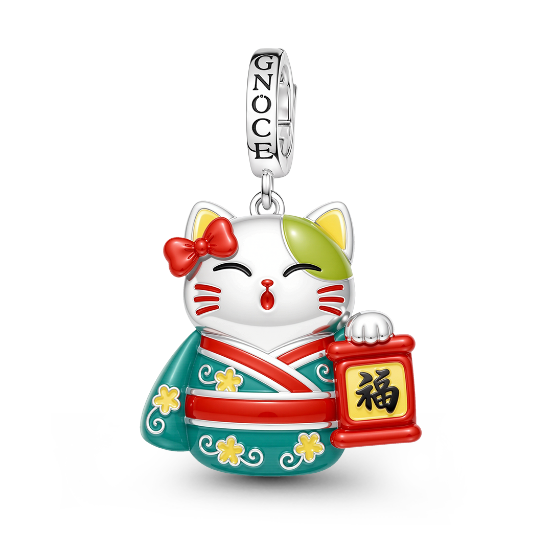 Gnoce Glow‑in‑the‑Dark Japanese Lucky Cat Clasp Dangle Charm Platinum‑plated Silver Blend_2