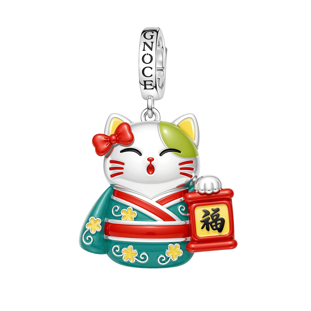 Gnoce Glow‑in‑the‑Dark Japanese Lucky Cat Clasp Dangle Charm Platinum‑plated Silver Blend_1