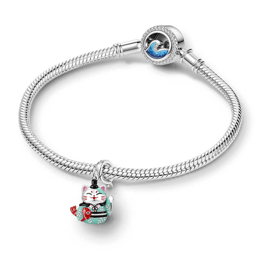 Gnoce Japanese Glow‑in‑the‑Dark Lucky Cat Clasp Dangle Charm Platinum‑plated Silver Blend_4