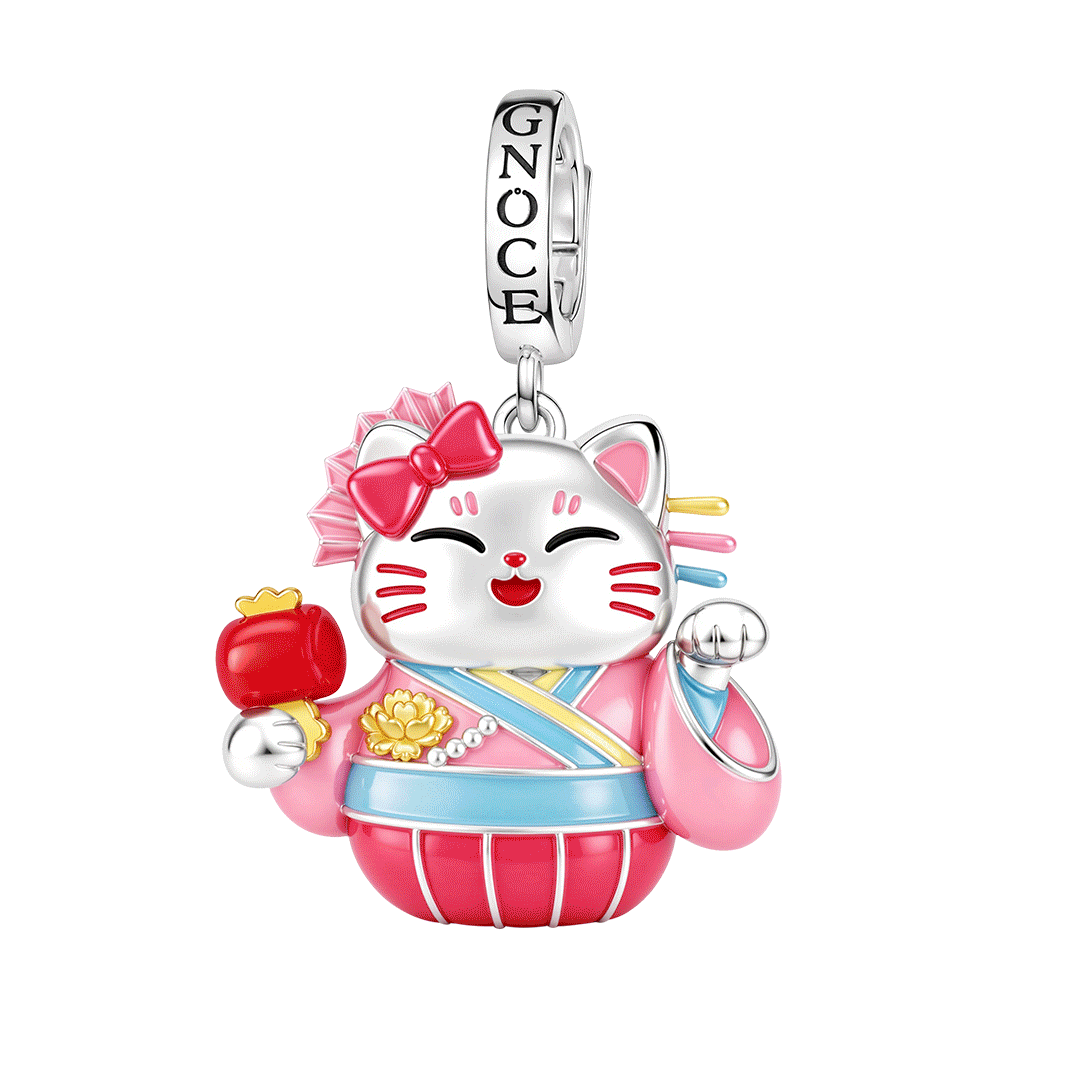 Gnoce Japanese Glow‑in‑the‑Dark Pink Lucky Cat Clasp Dangle Charm Platinum‑plated Silver Blend_1