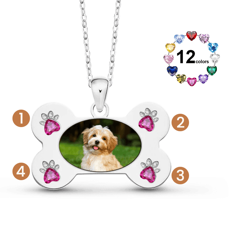 Gnoce Custom Dog Bone Photo Necklace with Paw Birthstone_2