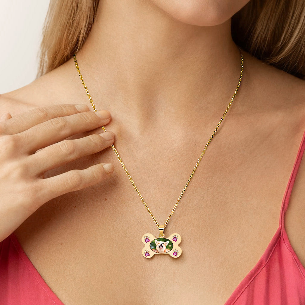 Gnoce Custom Dog Bone Photo Necklace with Paw Birthstone_5