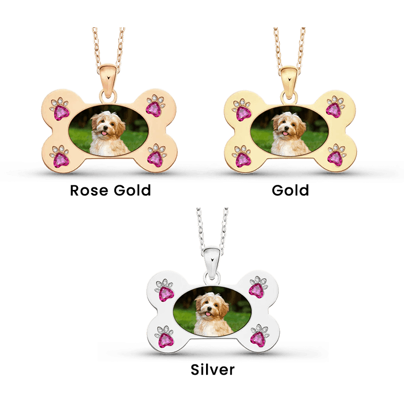 Gnoce Custom Dog Bone Photo Necklace with Paw Birthstone_4