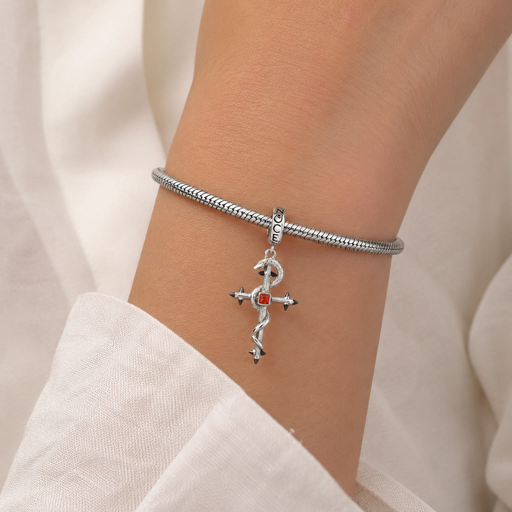 Gnoce Halloween Birthstone Snake Cross Clasp Dangle Charm Platinum‑plated Silver Blend_2