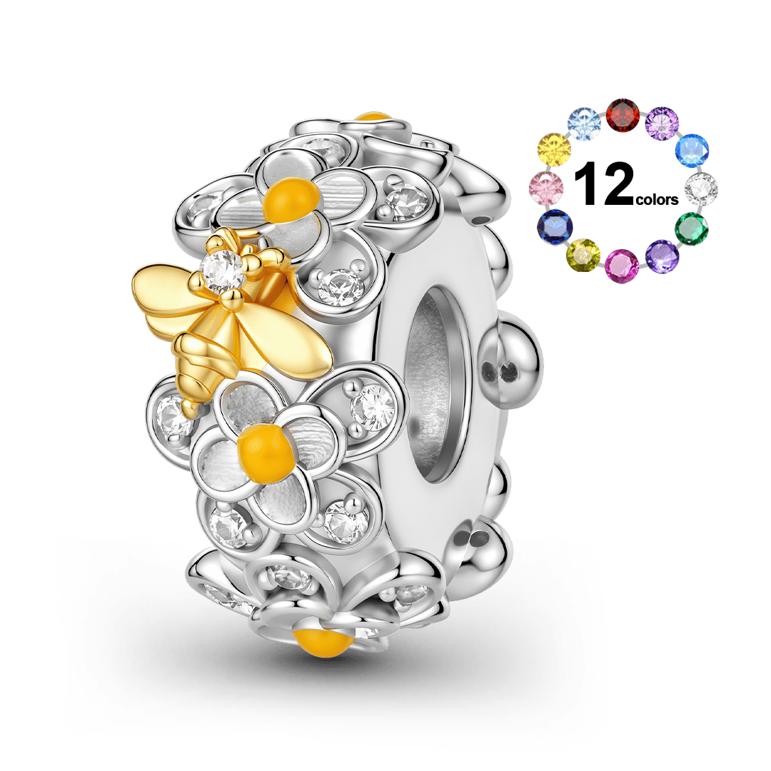 Gnoce Birthstone Bee Camellia Wreath Spacer Bead Charm Platinum‑plated Silver Blend_1