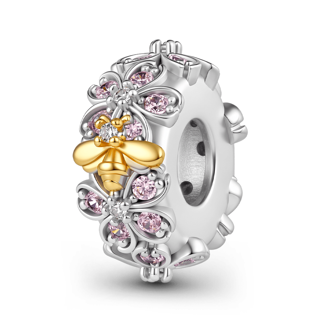 Gnoce Birthstone Bee Cherry Blossom Wreath Spacer Bead Charm Platinum‑plated Silver Blend_6