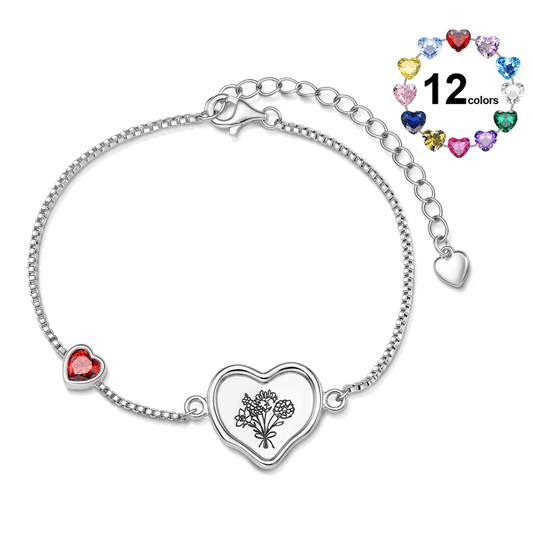 Gnoce Engravable Birth Flower Birthstone Heart‑Shaped Bracelet Platinum‑plated Silver Blend_1