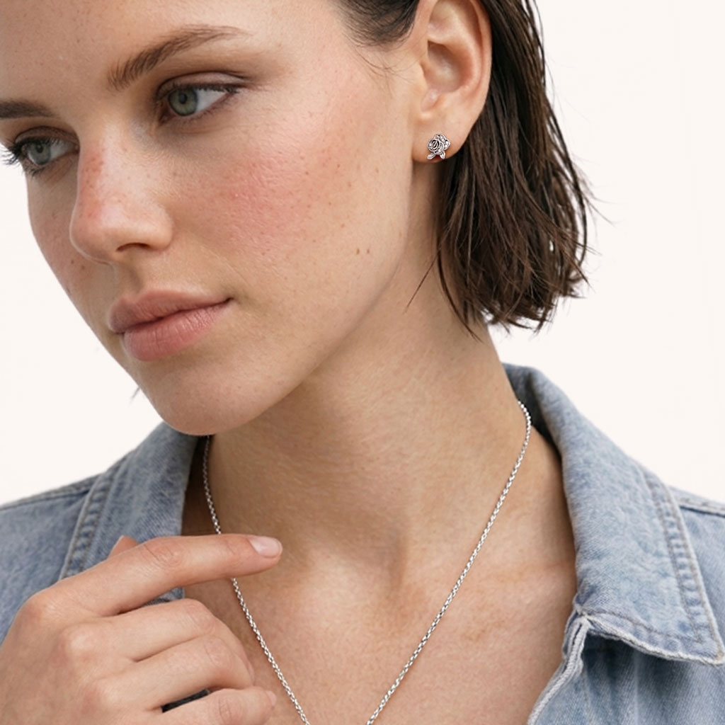 Gnoce Paved Crystal Rose Flower Stud Earrings Platinum‑plated Silver Blend_3