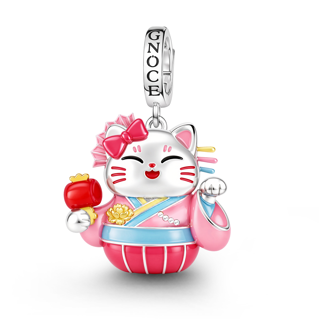 Gnoce Japanese Glow‑in‑the‑Dark Pink Lucky Cat Clasp Dangle Charm Platinum‑plated Silver Blend_2