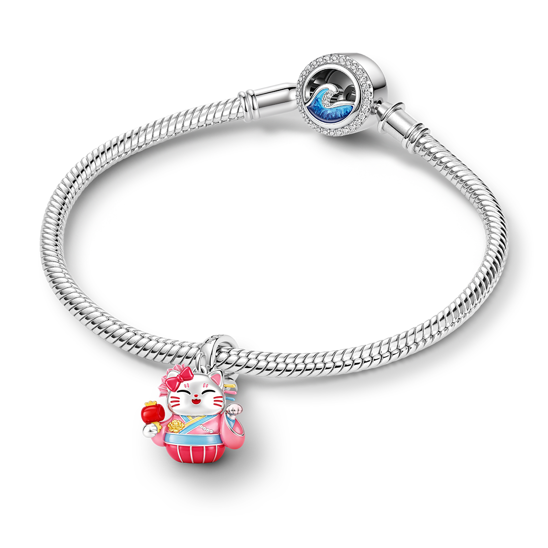 Gnoce Japanese Glow‑in‑the‑Dark Pink Lucky Cat Clasp Dangle Charm Platinum‑plated Silver Blend_4