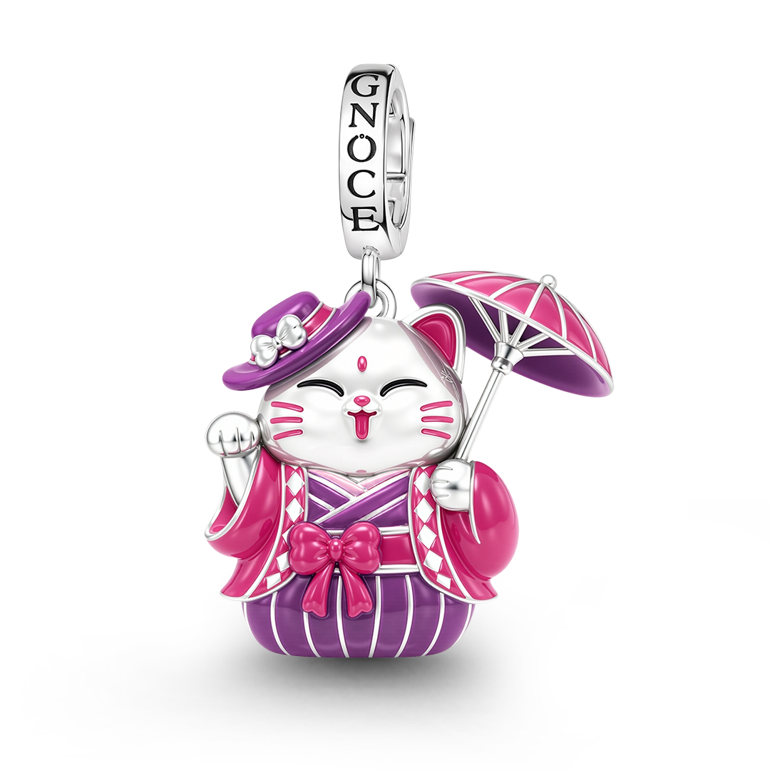 Gnoce Japanese Glow‑in‑the‑Dark Purple Lucky Cat Clasp Dangle Charm Platinum‑plated Silver Blend_2