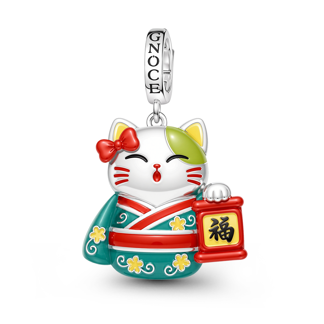 Gnoce Glow‑in‑the‑Dark Japanese Lucky Cat Clasp Dangle Charm Platinum‑plated Silver Blend_2