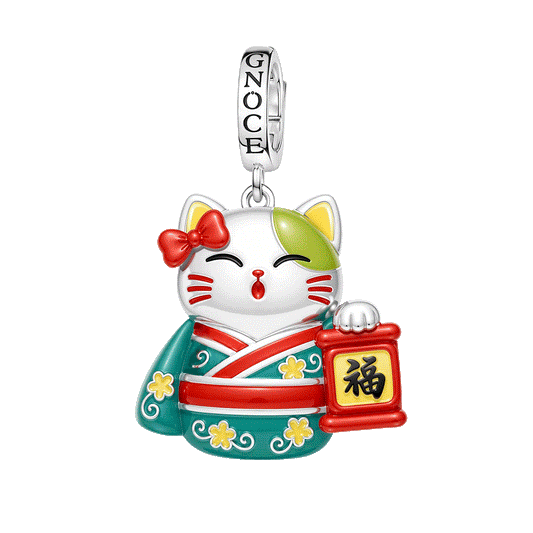 Gnoce Glow‑in‑the‑Dark Japanese Lucky Cat Clasp Dangle Charm Platinum‑plated Silver Blend_1
