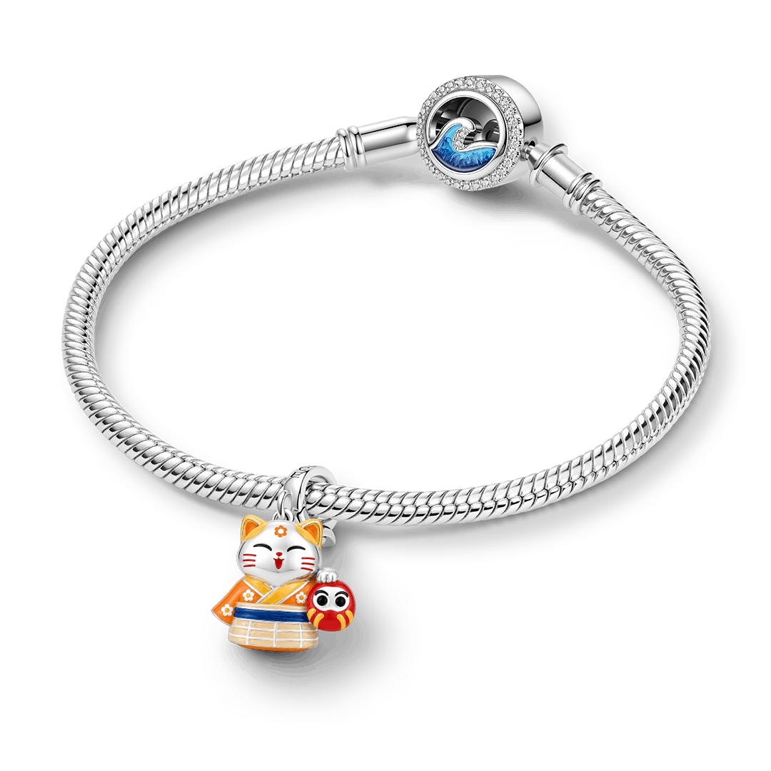 Gnoce Japanese Glow In Dark Lucky Cat Daruma Clasp Dangle Charm Platinum‑plated Silver Blend_4