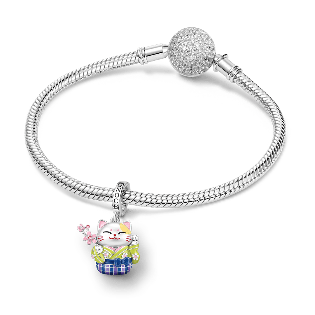 Gnoce Kimono Cherry Blossom Cat Clasp Dangle Charm Platinum-plated Silver Blend_3
