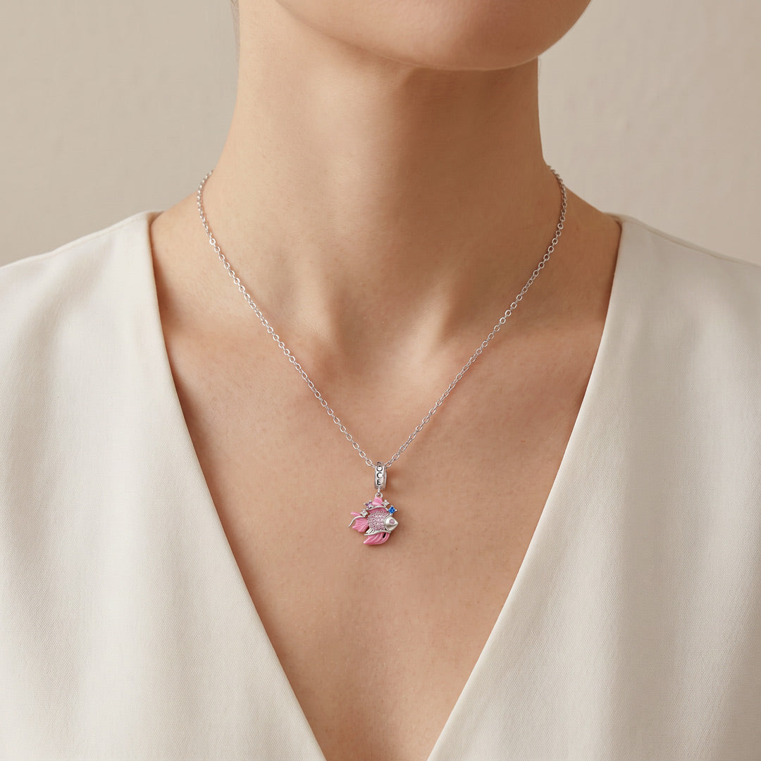 Gnoce Sparkly Pink Goldfish Dangle Charm Platinum-plated Silver Blend_2