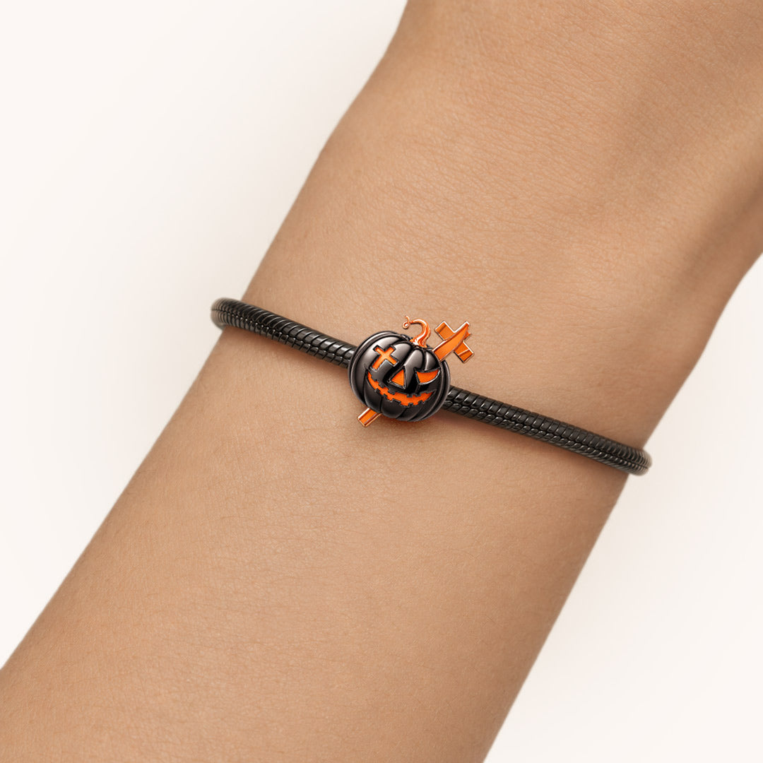 Gnoce Glow‑in‑the‑dark Halloween Cross Pumpkin Through‑hole Base Bead Charm Platinum‑plated Silver Blend_3