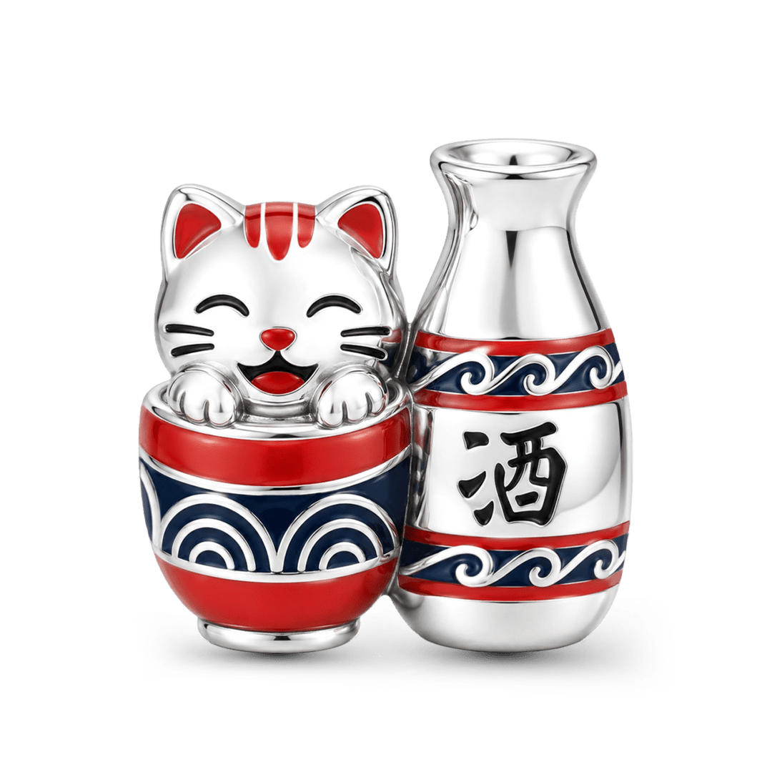 Gnoce Japanese Cat Sake Bottle Through‑hole Bead Charm Platinum‑plated Silver Blend_1