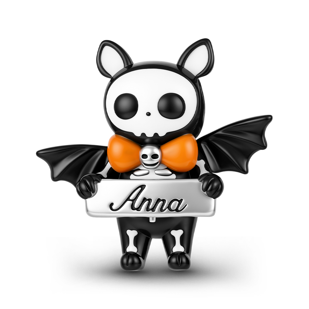 Gnoce Glow‑in‑the‑dark Halloween Skeleton Bat Engravable Through‑hole Bead Charm Black Gold-plated Silver Blend_2