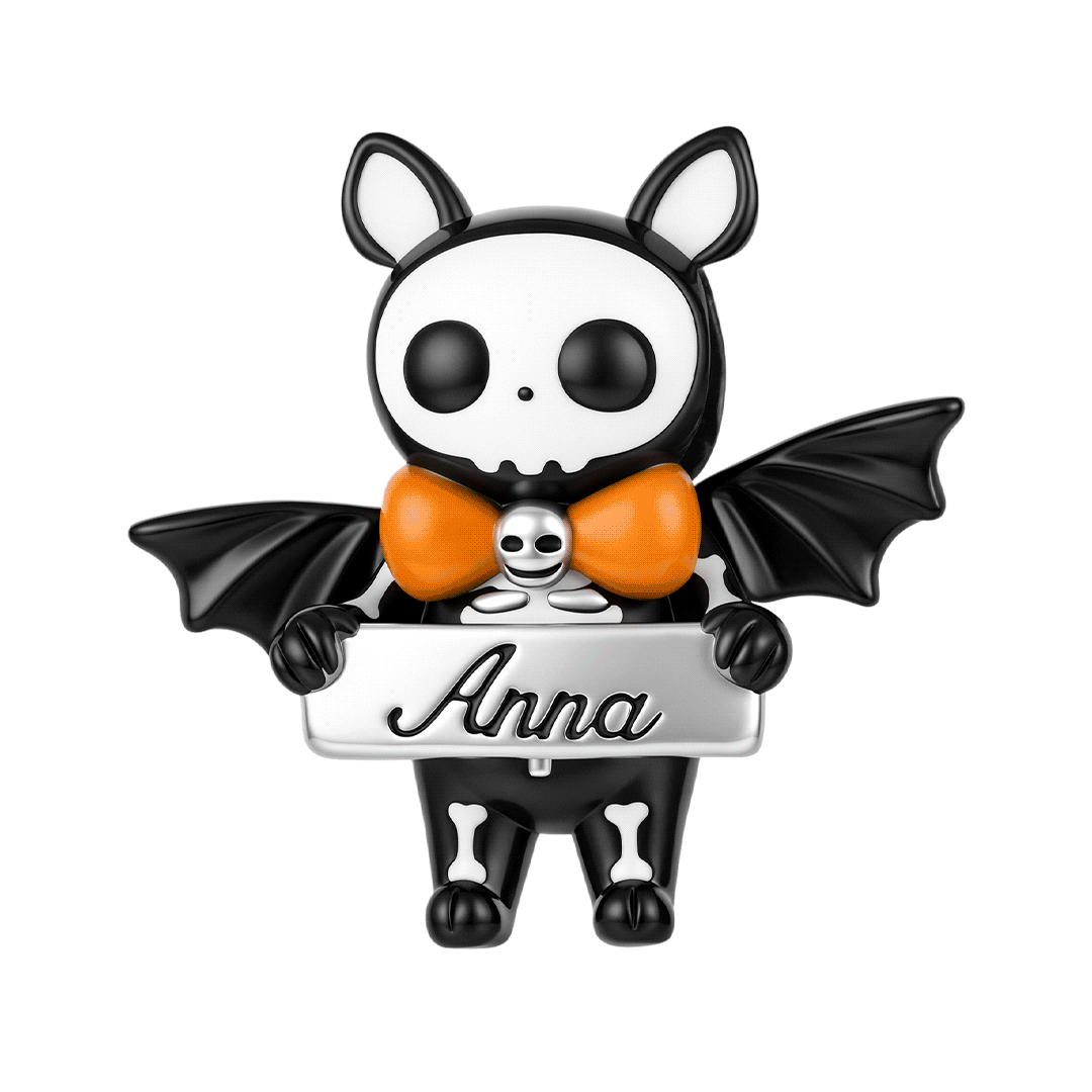 Gnoce Glow‑in‑the‑dark Halloween Skeleton Bat Engravable Through‑hole Bead Charm Black Gold-plated Silver Blend_1