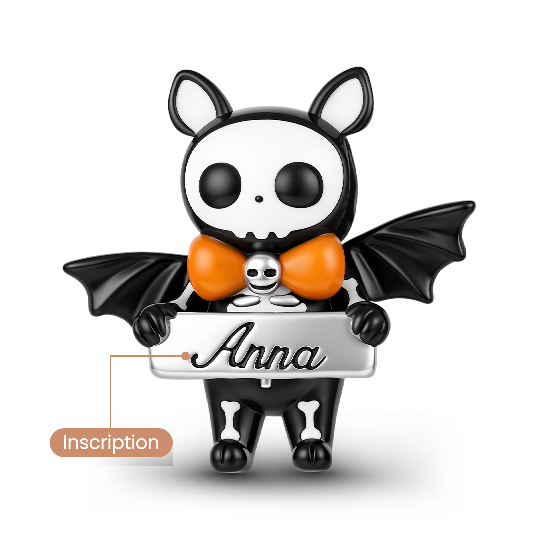 Gnoce Glow‑in‑the‑dark Halloween Skeleton Bat Engravable Through‑hole Bead Charm Black Gold-plated Silver Blend_5