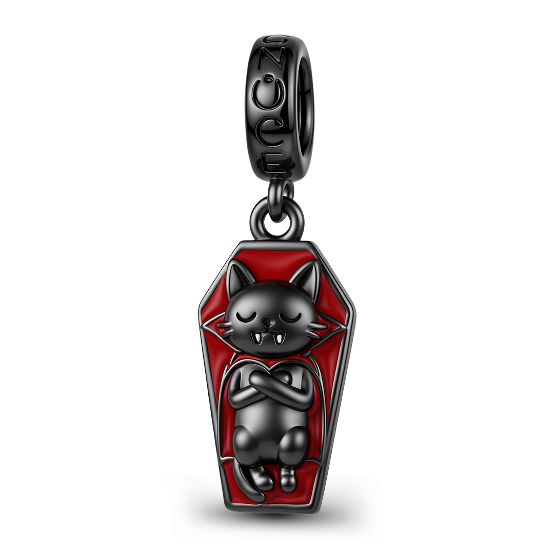 Gnoce Halloween Black Cat Coffin Dangle Charm Black Gold-plated Silver Blend_1