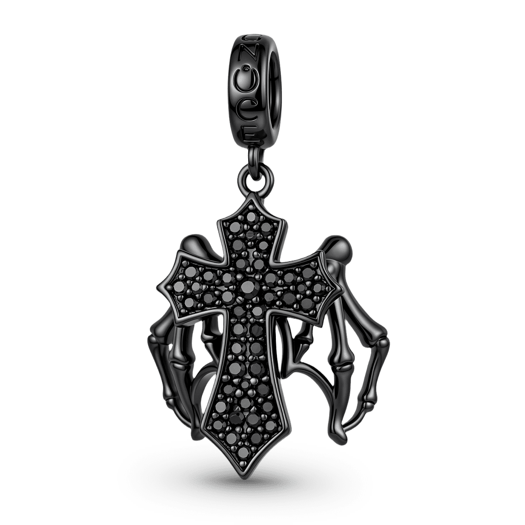 Gnoce Halloween Dark Cross with Movable Wings Dangle Charm Black Gold-plated Silver Blend_1