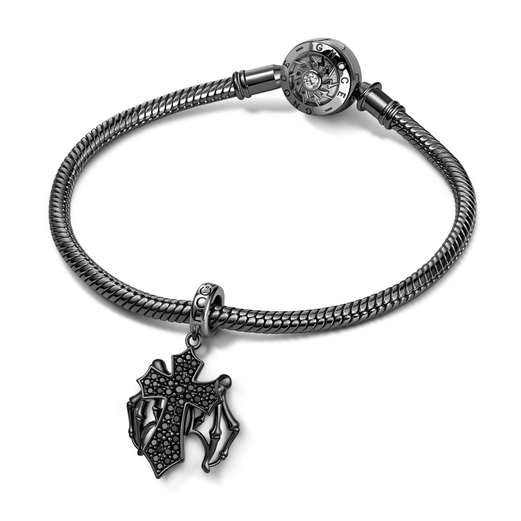 Gnoce Halloween Dark Cross with Movable Wings Dangle Charm Black Gold-plated Silver Blend_3