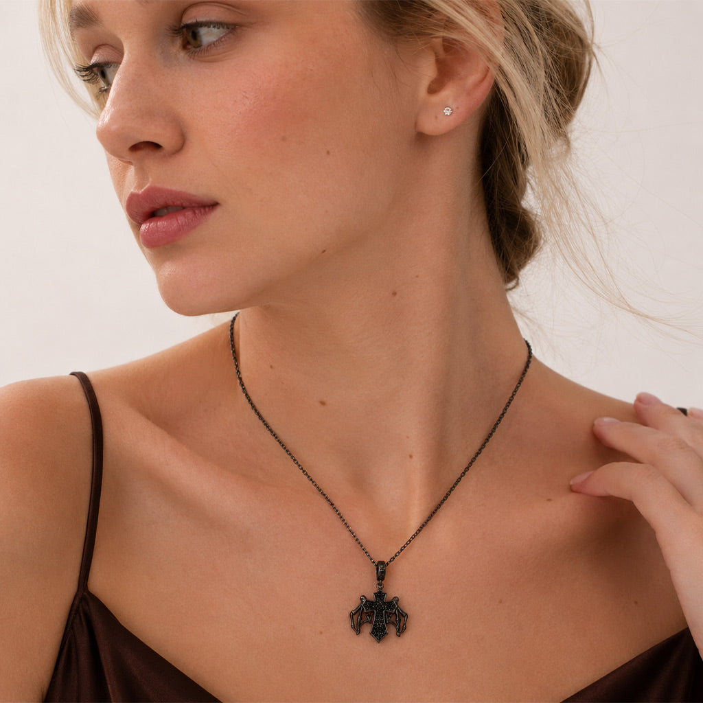 Gnoce Halloween Dark Cross with Movable Wings Dangle Charm Black Gold-plated Silver Blend_4