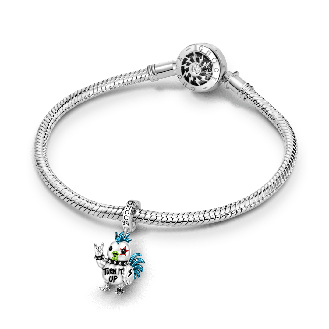 Gnoce Punk Glow‑in‑the‑dark Proud Rooster Rebel Clasp Dangle Charm Platinum‑plated Silver Blend_4