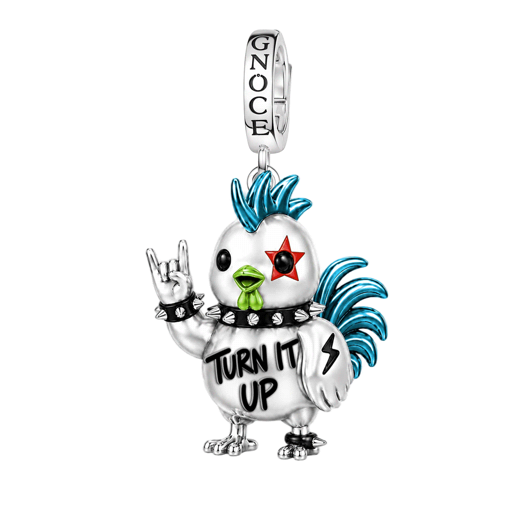 Gnoce Punk Glow‑in‑the‑dark Proud Rooster Rebel Clasp Dangle Charm Platinum‑plated Silver Blend_1