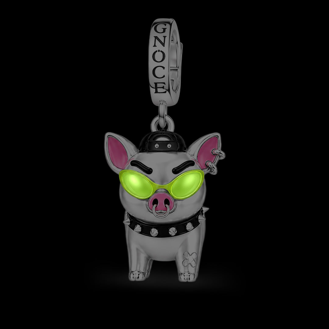 Gnoce Punk Glow‑in‑the‑dark Carefree Pig Rebel Clasp Dangle Charm Platinum‑plated Silver Blend_2