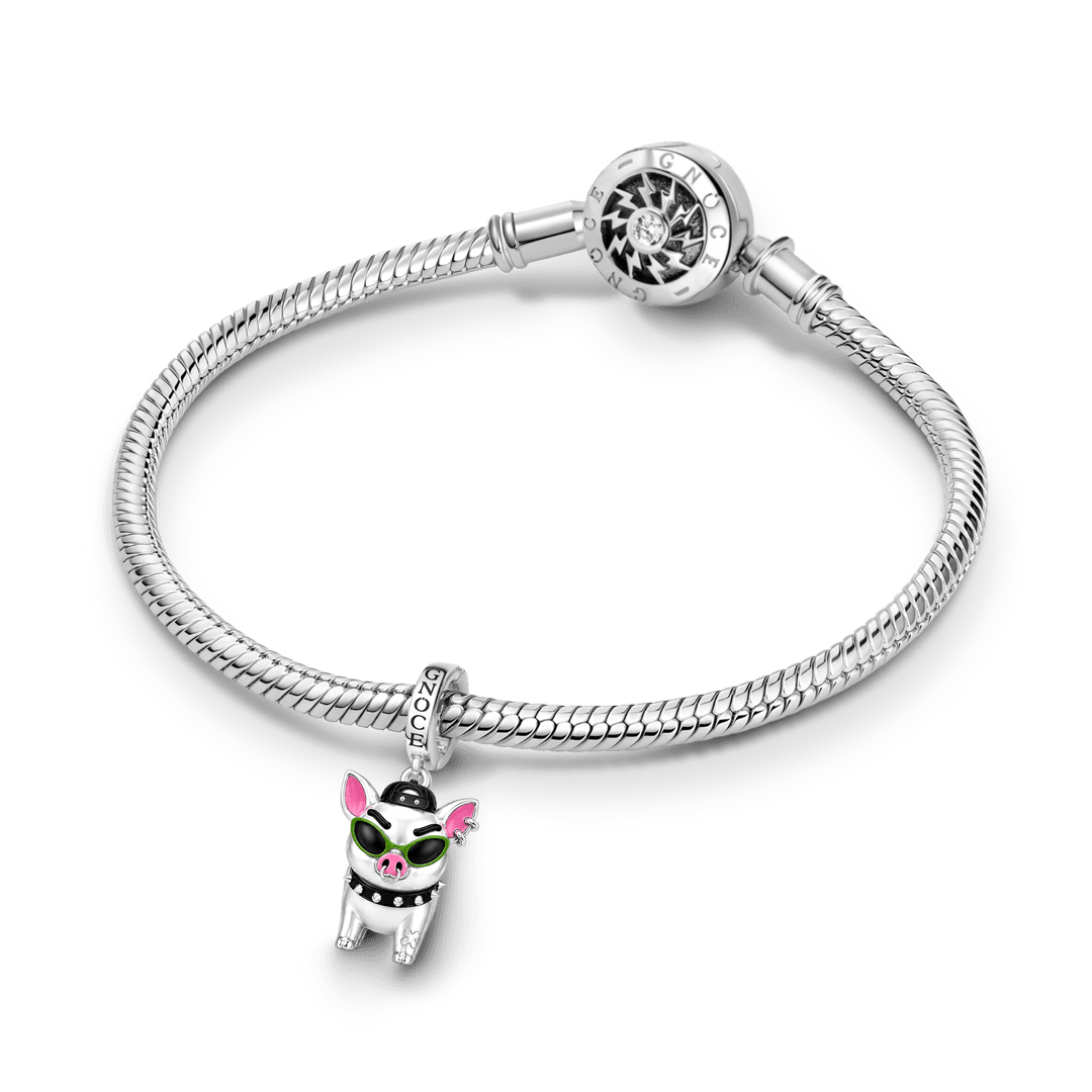 Gnoce Punk Glow‑in‑the‑dark Carefree Pig Rebel Clasp Dangle Charm Platinum‑plated Silver Blend_5