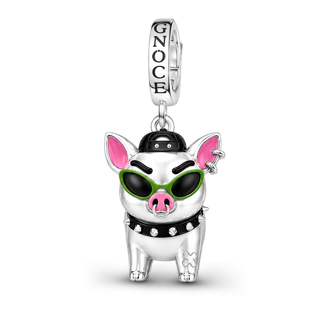 Gnoce Punk Glow‑in‑the‑dark Carefree Pig Rebel Clasp Dangle Charm Platinum‑plated Silver Blend_7