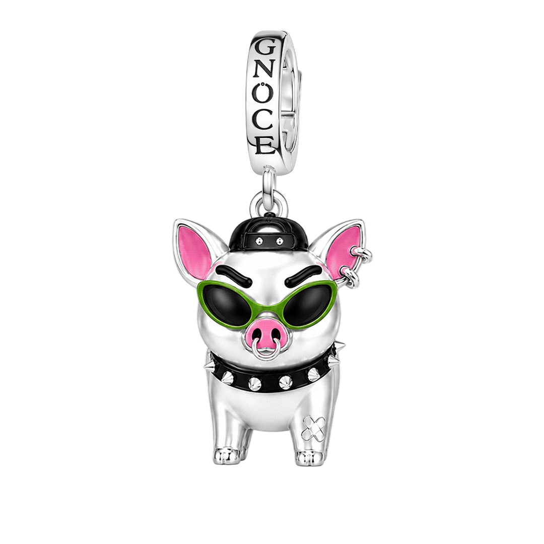 Gnoce Punk Glow‑in‑the‑dark Carefree Pig Rebel Clasp Dangle Charm Platinum‑plated Silver Blend_1