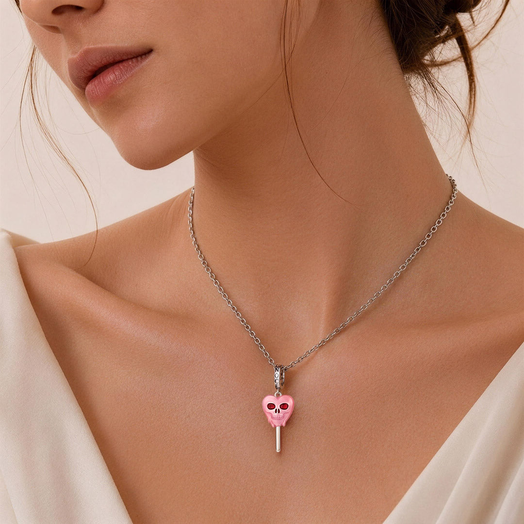 Gnoce Glow-in-the-dark Halloween Heart Skull Lollipop Engravable Dangle Charm Platinum-plated Silver Blend_3