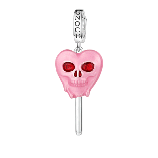 Gnoce Glow-in-the-dark Halloween Heart Skull Lollipop Engravable Dangle Charm Platinum-plated Silver Blend_1