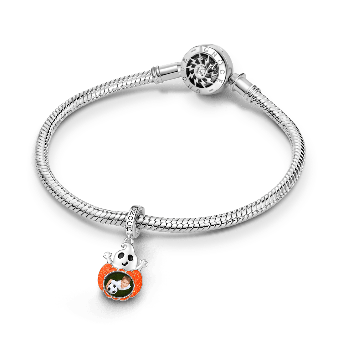 Gnoce Glow-in-the-dark Halloween Ghost Pumpkin Photo Engravable Clasp Dangle Charm Platinum-plated Silver Blend_3