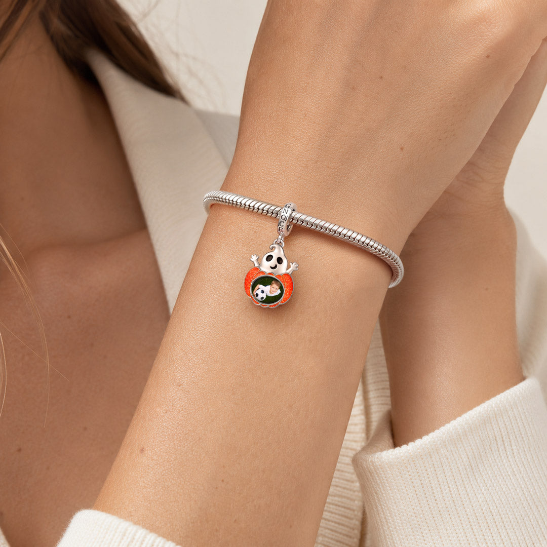 Gnoce Glow-in-the-dark Halloween Ghost Pumpkin Photo Engravable Clasp Dangle Charm Platinum-plated Silver Blend_2
