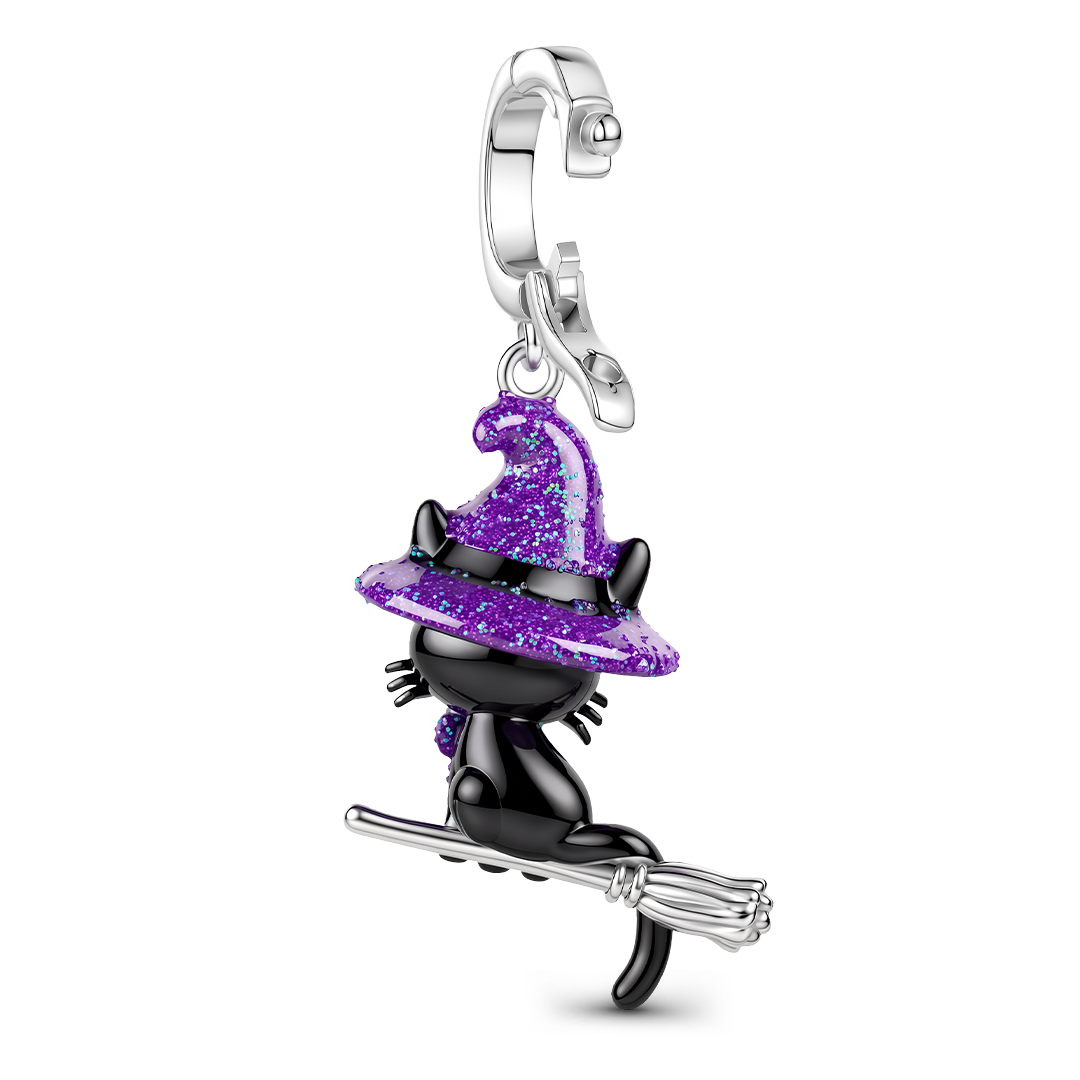 Gnoce Glow-in-the-dark Halloween Flying Witch Black Cat Clasp Dangle Charm Platinum-plated Silver Blend_6