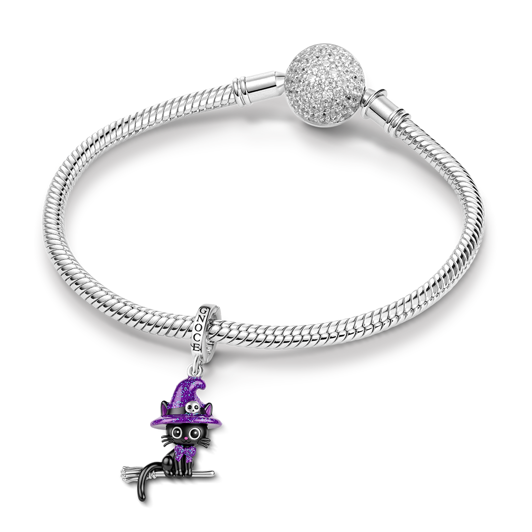 Gnoce Glow-in-the-dark Halloween Flying Witch Black Cat Clasp Dangle Charm Platinum-plated Silver Blend_4
