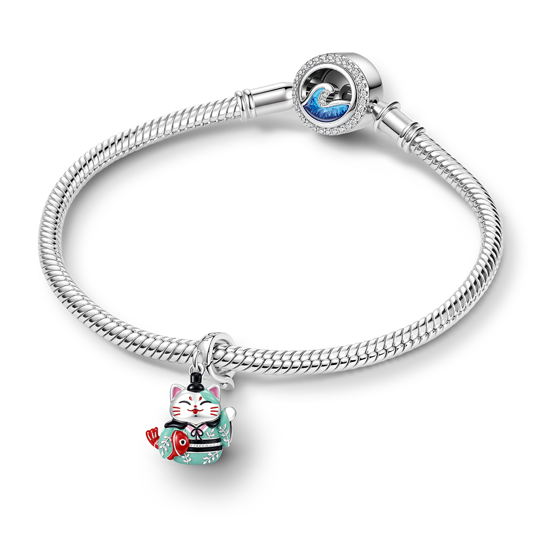 Gnoce Japanese Glow‑in‑the‑Dark Lucky Cat Clasp Dangle Charm Platinum‑plated Silver Blend_4